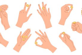 Viele Hände zeigen verschiedene Handzeichen und halten dabei Geldmünzen zwischen den Fingern.